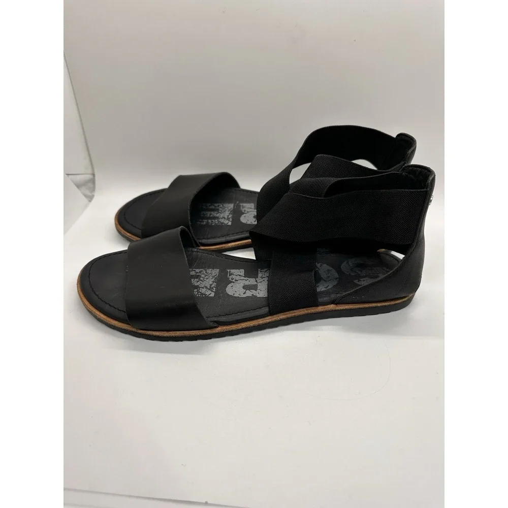 Sorel Ella Flat Black‎ Leather Elastic Strap Sandals Women's 8.5 / EU 39